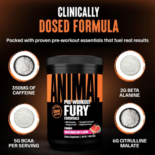 Miniatura 5 de Animal Fury Suplemento en Polvo Pre-Entreno para Energía y Concentración 5g BCAA 350mg Cafeína Óxido Nítrico Sin Creatina Estimulante Potente