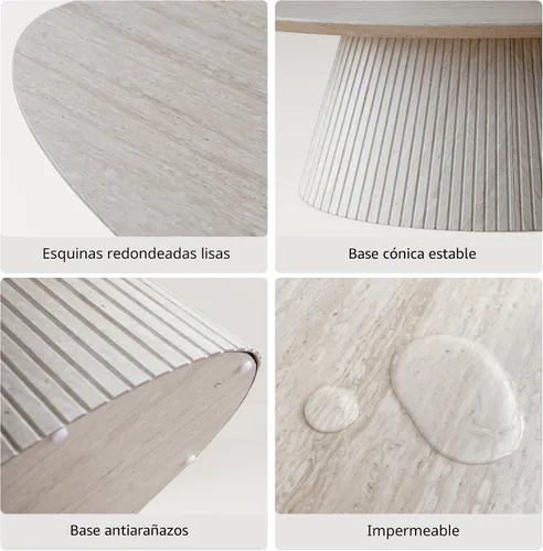 Miniatura 4 de win2win Mesa auxiliar ovalada, moderna mesa de centro de piedra sintética con diseño estriado, mesa central de travertino con base cónica, mesa