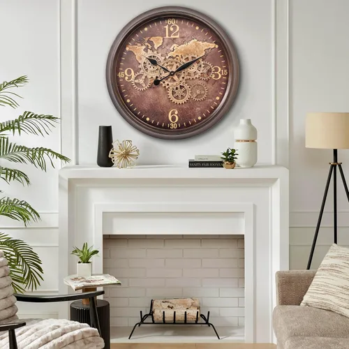 Miniatura 4 de CLXEAST Reloj de pared grande de 24 pulgadas con engranajes móviles, relojes industriales con esfera de mapa del mundo, reloj de pared fresco