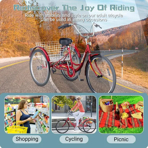 Miniatura 7 de Triciclo de 7 velocidades para adultos, triciclo Cruiser de 24 pulgadas con cesta grande para mujeres, hombres y personas mayores, bicicleta de 3