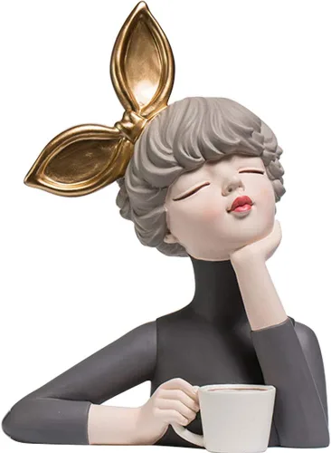 Miniatura 4 de Figura decorativa de resina para niña, adorno creativo, esculturas y estatuas para el hogar, oficina, sala de estar, mesa, lazo con verde manzana