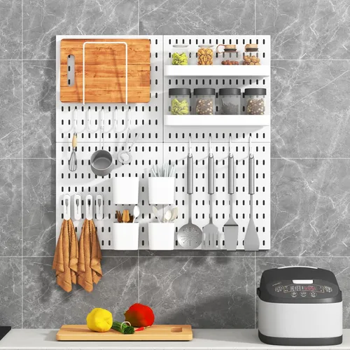 Miniatura 7 de Kit de combinación de tablero de clavijas, 4 tableros de clavijas con 20 accesorios, organizador de pared de tablero de clavijas para oficina, Blanco