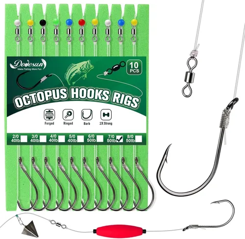 Miniatura 10 de Dovesun 10 piezas de anzuelos pre-ensartados para bagre, anzuelos circulares/de pulpo para bagre, anzuelos circulares offset para pesca de agua