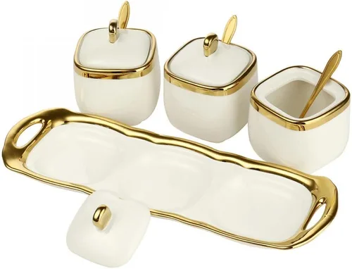 Miniatura 6 de Tarro de condimentos de porcelana con bandeja, cuchara de cerámica y tapa, recipiente de condimentos de cerámica para especias y azúcar, caja
