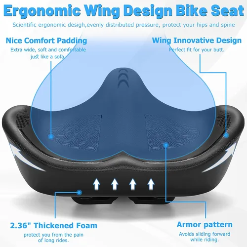 Miniatura 4 de CDYWD Asiento de bicicleta de gran tamaño para hombres y mujeres, cojín de asiento de bicicleta extra ancho, cómodo acolchado de ala, sillín