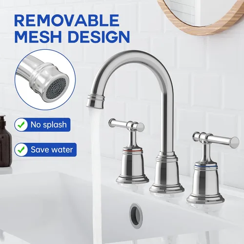 Miniatura 2 de Grifo clásico de baño de 8 pulgadas, grifos de baño para fregadero de 3 agujeros, grifo de baño de níquel cepillado generalizado con drenaje Cromo
