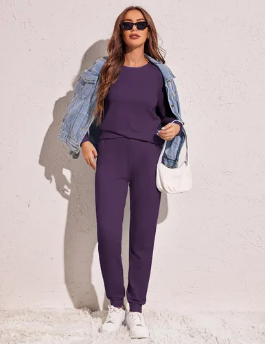 Miniatura 56 de Ekouaer Conjunto de pijama de manga larga para mujer, ropa de dormir suave con cuello redondo y bolsillos