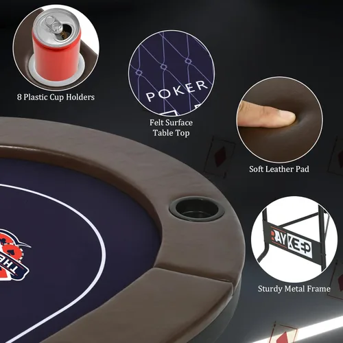 Miniatura 5 de RAYKEEP Mesa de póquer plegable, mesas de póquer plegables para 8 jugadores con patas plegables, fieltro de grado casino, rieles acolchados y marrón