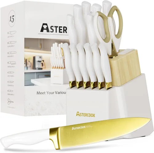Astercook Juego de cuchillos de cocina de 15 piezas, con revestimiento de titanio dorado saludable, juego de cuchillos de espiga completa con bloque