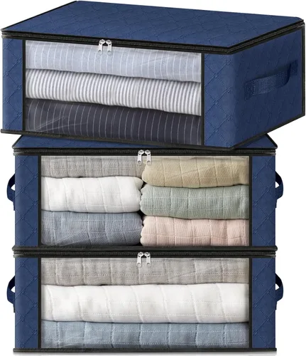 Miniatura 19 de HomeHacks Paquete de 3 bolsas organizadoras de ropa, caja de almacenamiento plegable con gran ventana transparente y asas resistentes para armario