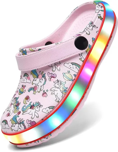 XPKWS Zuecos para niños pequeños, niños y niñas, zapatos de jardín con luces LED, sandalias ligeras con luces, antideslizantes, de secado rápido,