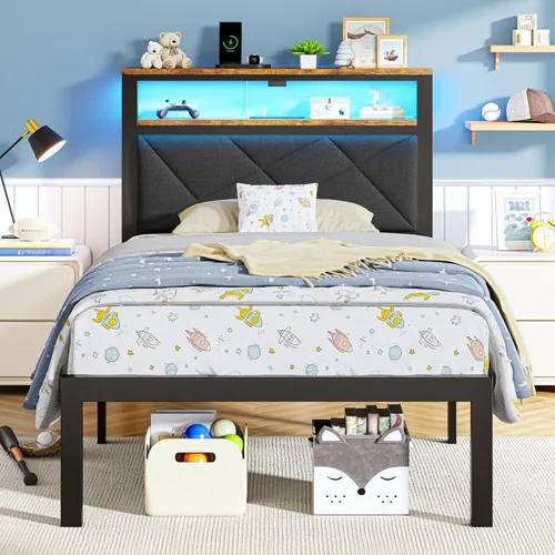 ChicZhiNest Marco de cama individual con cabecero LED y estación de carga USB incorporada, cama de metal tapizada en lino con respaldo y estantes de