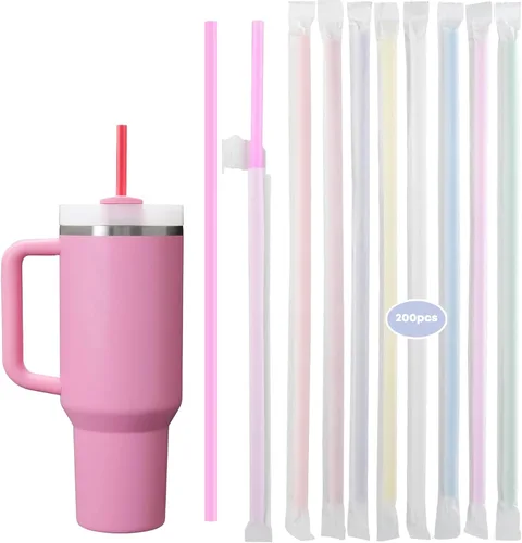 Miniatura 10 de 200 popotes desechables negros para vasos de 40 onzas, pajitas extralargas desechables para vaso Stanley Cup de 30 onzas y 40 onzas, popote envuelto