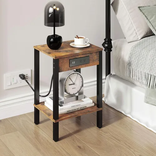 Miniatura 6 de Mesa auxiliar con estación de carga, mesita de noche de 2 niveles con estante de almacenamiento, mesa auxiliar moderna, mesita de noche para espacio