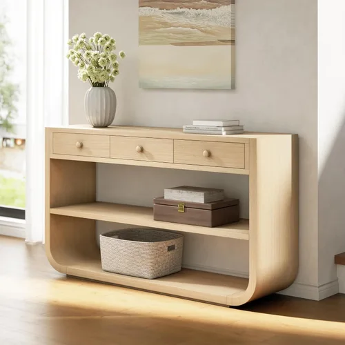 Miniatura 26 de 50" Modern Art Sculptural Console Table, Oval Cutout Legs, Wood Veneer, Thick Rounded Tabletop, Contemporary Entryway Sofa Table for Living Room