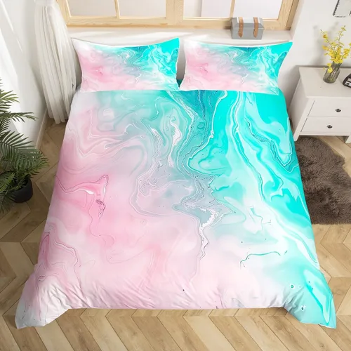 Miniatura 12 de Erosebridal Juego de ropa de cama de mármol líquido azul aguamarina, funda de edredón con estampado de mármol con patrón de mármol abstracto, juego