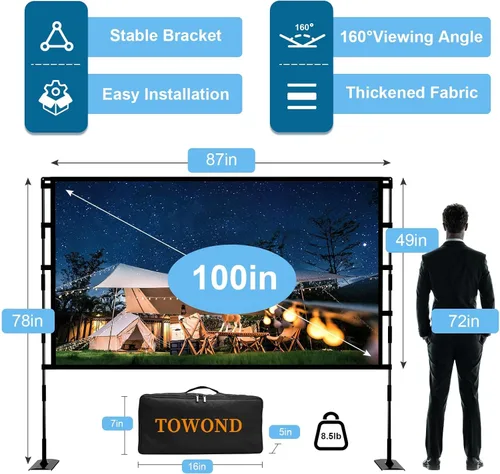Miniatura 3 de TOWOND Pantalla de Proyector y Soporte, Pantalla de Proyector de 100 Pulgadas para Interior y Exterior, Pantalla de Película Portátil 16:9 4K