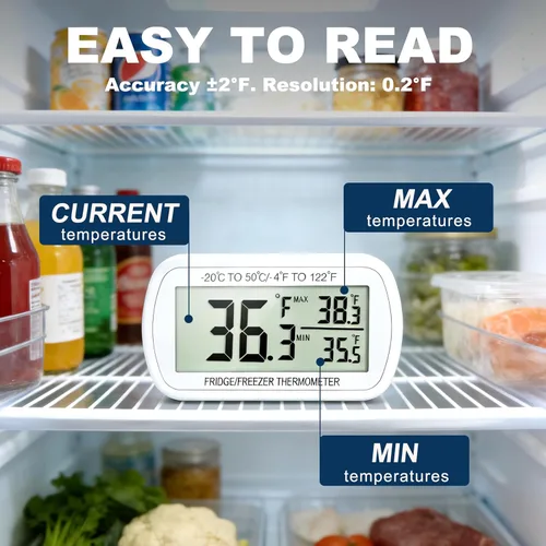 Miniatura 2 de Termómetro de refrigerador resistente al agua, termómetro digital para congelador, función de registro Max/Min, pantalla LCD grande y parte trasera