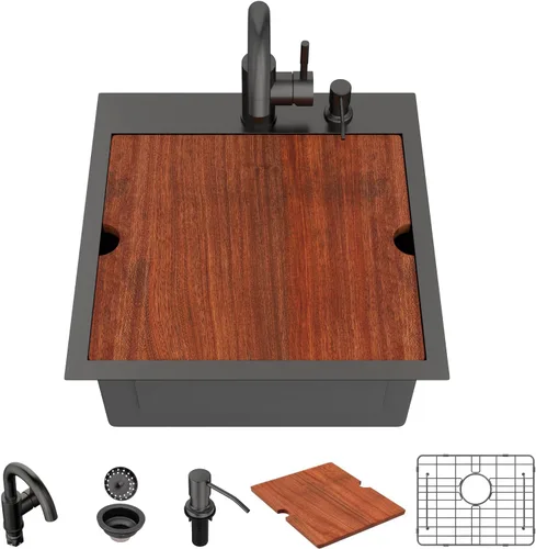 Miniatura 27 de Lordear - Fregadero de barra – Fregadero de barra dorado de 13 x 15 pulgadas con grifo dispensador de jabón, estación de trabajo, calibre 16 T304