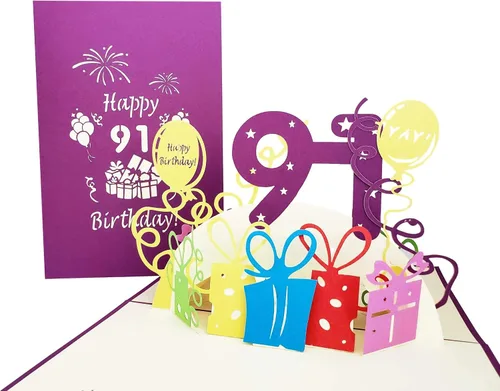 iGifts And Cards Tarjeta emergente 3D de cumpleaños 91 – Regalos coloridos y celebración de hitos de globos – Saludo sincero para personas mayores,