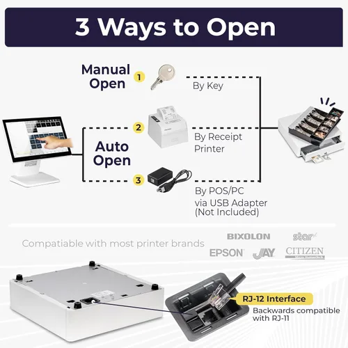 Miniatura 4 de Volcora Cajón de caja registradora para sistema de punto de venta (POS) con esquina redonda de 13 pulgadas, bandeja extraíble para monedas, 4 Blanco