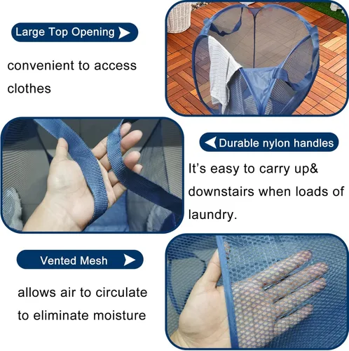 Miniatura 4 de Aplter Cesta de malla desplegable para ropa sucia para crucero, cesta plegable para ropa sucia con asas, bolsillo lateral, color azul ceniza