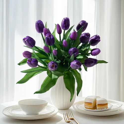 Miniatura 11 de Bailikang 20 piezas de tulipanes artificiales, flores de seda de tulipanes falsos, ramo artificial de PU, flores artificiales de imitación con caja