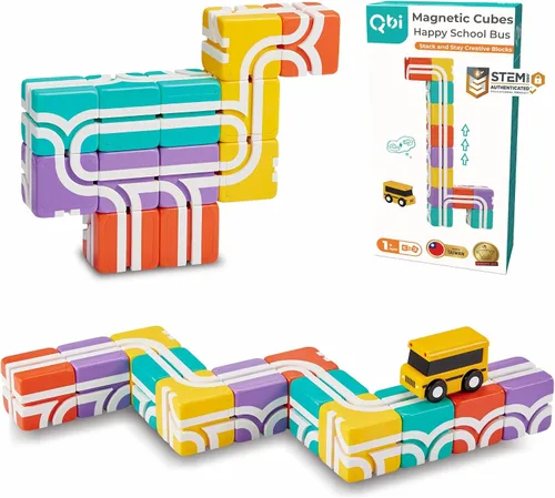 Miniatura 10 de QBI - Juego de bloques magnéticos de inicio 4 en 1 Bloques de construcción STEM con 4 autos y baldosas de pista 3D Juguetes magnéticos