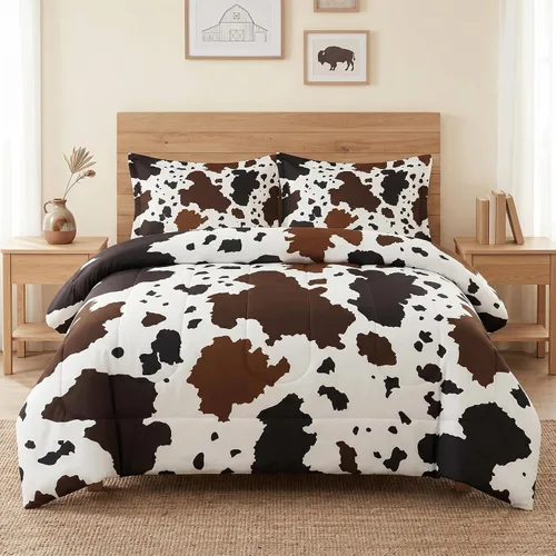 WeCozy Juego de edredón tamaño Twin con funda de almohada, ropa de cama suave de 2 piezas con diseño vintage de piel de vaca marrón animal para