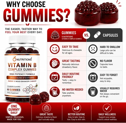 Miniatura 7 de O NUTRITIONS Gomitas veganas de complejo de vitamina B con vitamina B12, B7 como biotina, B6, B3 como niacina, B5, B6, B8, B9 como folato