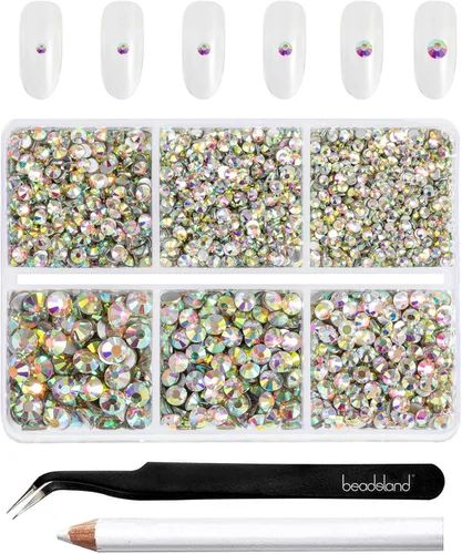 Miniatura 30 de BEADSLAND 4300 piezas de diamantes de imitación con parte plana, diamantes de imitación transparentes para uñas, gemas de cristal redondas