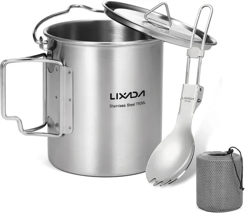 Miniatura 11 de LIXADA Taza para acampar, taza de agua de acero inoxidable de 25.4 fl oz con asas plegables y tapa para acampar al aire libre, senderismo, mochilero