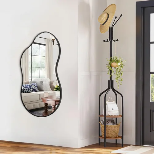Miniatura 6 de JJUUYOU Espejo de pared irregular con marco de metal negro, espejos decorativos asimétricos de baño, grandes de 20 x 36 pulgadas para sala de estar