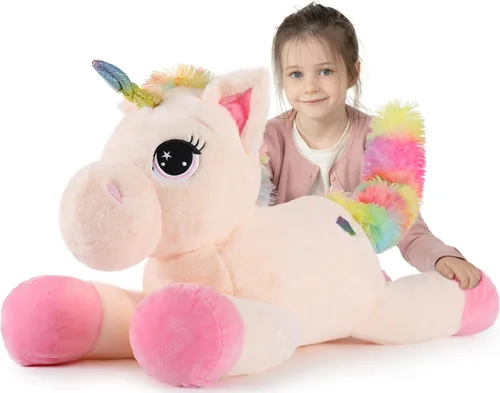 Miniatura 19 de Tezituor Juguetes de peluche de unicornio grande de 43 pulgadas, animales de peluche de unicornio blanco hueso, bonitas decoraciones de cumpleaños