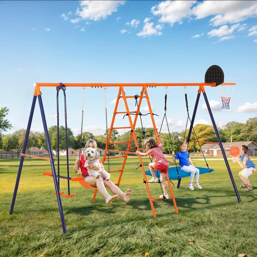 Miniatura 2 de Juego de columpios de metal para exteriores para niños, juego de patio de juegos de metal resistente con columpios, escalera de escalada, barra