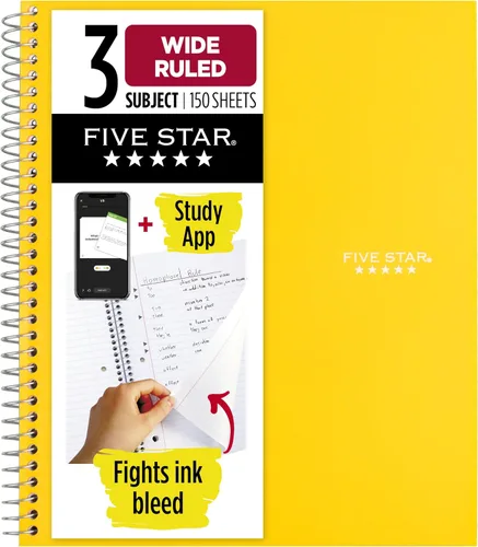 Five Star, cuaderno en espiral, 3 materias, con papel rayado ancho, 150 hojas, 10-1/2 x 8 pulgadas, Amarillo