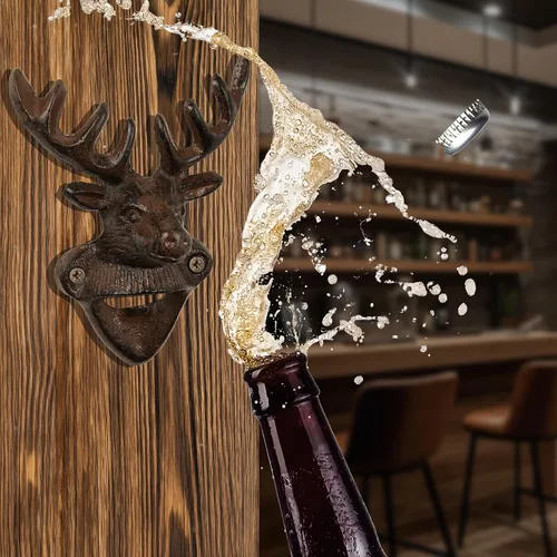 Miniatura 5 de Abrebotellas de pared con calavera de ciervo - Abrebotellas de hierro fundido con cuernos de cabeza de ciervo para cocina, cueva de hombre