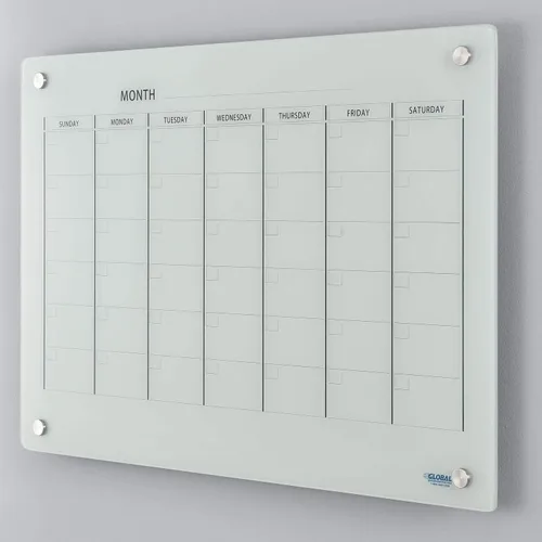 Global Industrial Calendario magnético de vidrio de 36 pulgadas de ancho x 24 pulgadas de alto, blanco, calendario sin fecha de 6 semanas, vidrio