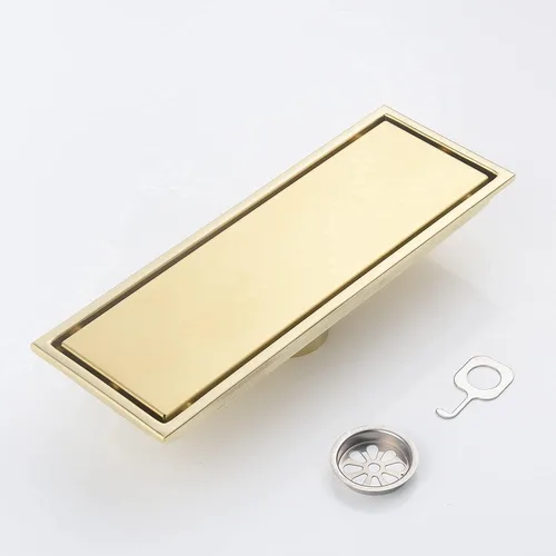 Miniatura 7 de Tubo de drenaje de ducha lineal de 12 pulgadas, oro cepillado, con rejilla de inserción de azulejos, cubierta oculta desmontable, drenaje