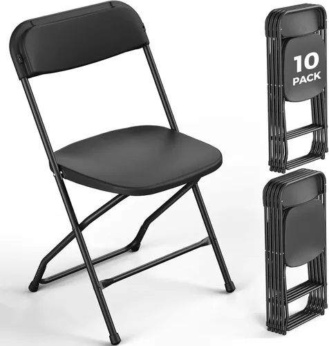 Miniatura 10 de Paquete de 2 sillas plegables de plástico negro, sillas plegables portátiles para exteriores con marco de acero, capacidad de 350 libras, sillas