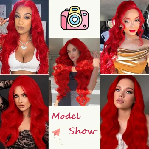 Miniatura 7 de Peluca de cabello sintético ondulado rojo con raya en el medio, peluca de encaje ondulado natural rojo de 24 pulgadas para mujer, para uso diario