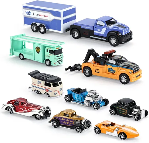 Miniatura 8 de haomsj Juguetes de coche para niños, 9 piezas, camión de remolque de juguete y vehículo de transporte urbano, camión de transporte con autos