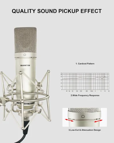 Miniatura 4 de SUUNTOK Micrófono XLR, Micrófono de condensador profesional con diafragma grande de 34mm, Micrófono de estudio cardioide para grabación TM87KB Kit
