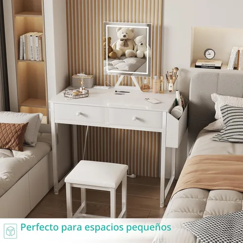 Miniatura 8 de Lufeiya Mesa de Tocador Pequeña para Maquillaje con Cajones de Tela, Mesa de Tocador Blanca de 32 Pulgadas con Espejo y Luz, Juego de Mesa