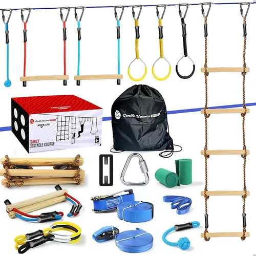 Carrera de obstáculos Ninja Warrior para niños, kit de línea floja de 2 x 56 pies con 8 accesorios ninja + hebillas de ajuste rápido, barra de mono,
