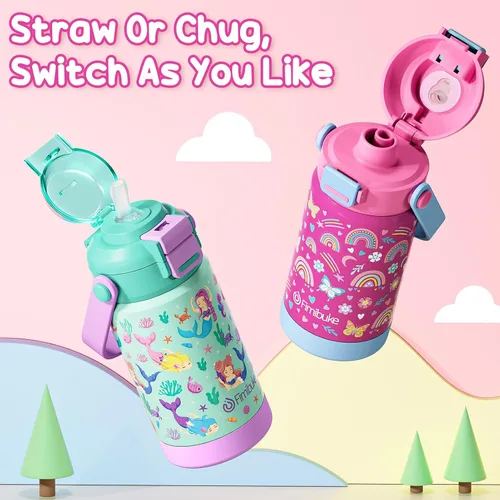 Miniatura 6 de Tazas aisladas para niños con pajita de apertura rápida y pico 2-en-1, tapa hermética de 14 onzas, acero inoxidable al vacío 18/8, sin BPA, tazas