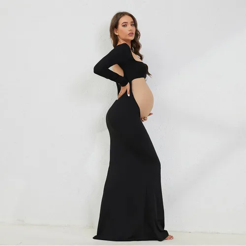 Miniatura 2 de AIFOTO Vestido de maternidad sexy expuesto vientre de manga larga sin espalda cuello cuadrado recortado vestidos de fotografía vestidos de sesión