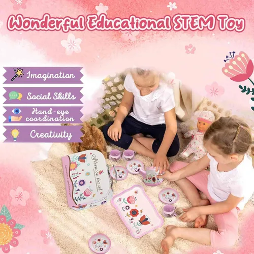 Miniatura 4 de Lajeje Juego de té de simulación para niñas pequeñas de 3 a 8 años, 19 piezas de juguetes de cocina con temática de flores para niños pequeños