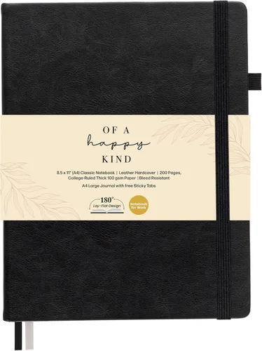 Cuaderno clásico con líneas de 8.5x11" A4 tapa dura de cuero - Negro - 200 páginas con rayas universitarias grande con pestañas adhesivas, bolsillos