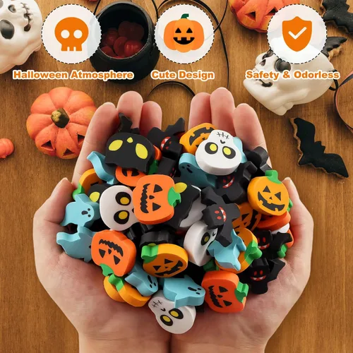 Miniatura 5 de AIQINHU Borradores de Halloween para niños a granel, 50 piezas grandes de Halloween, calabaza, fantasma, cráneo, murciélago, borradores para truco